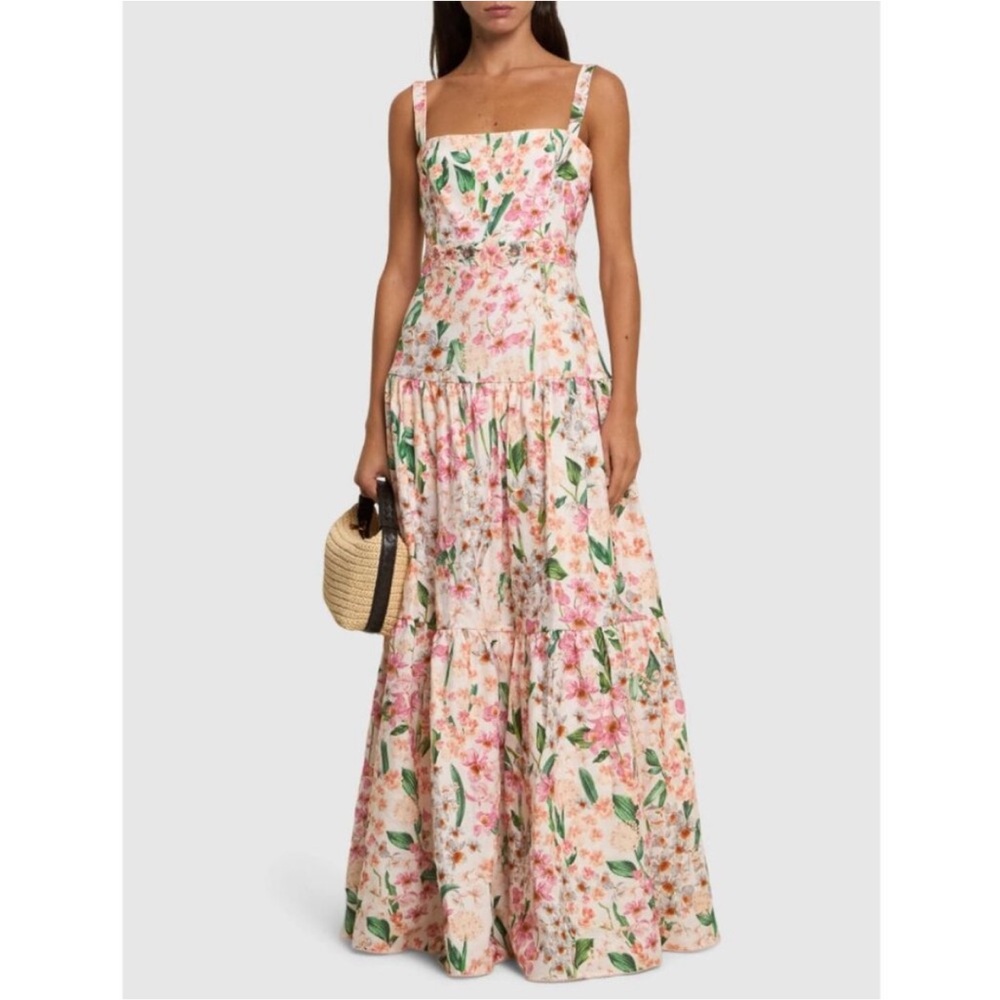 Agua By Agua Bendita Lima Embroidered Pink Floral Print Linen Maxi Dress